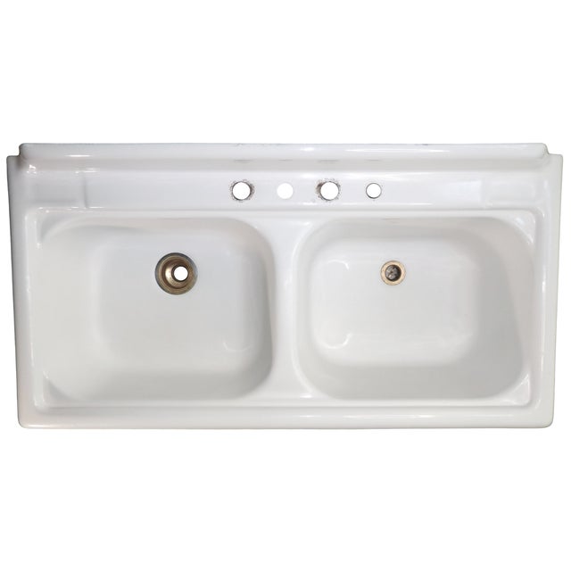 Iconic 1957 Vintage Kohler Sea Cliff 50" Wide Double Basin Porcelain & Cast Iron Kitchen Sink For Sale - Image 4 of 18