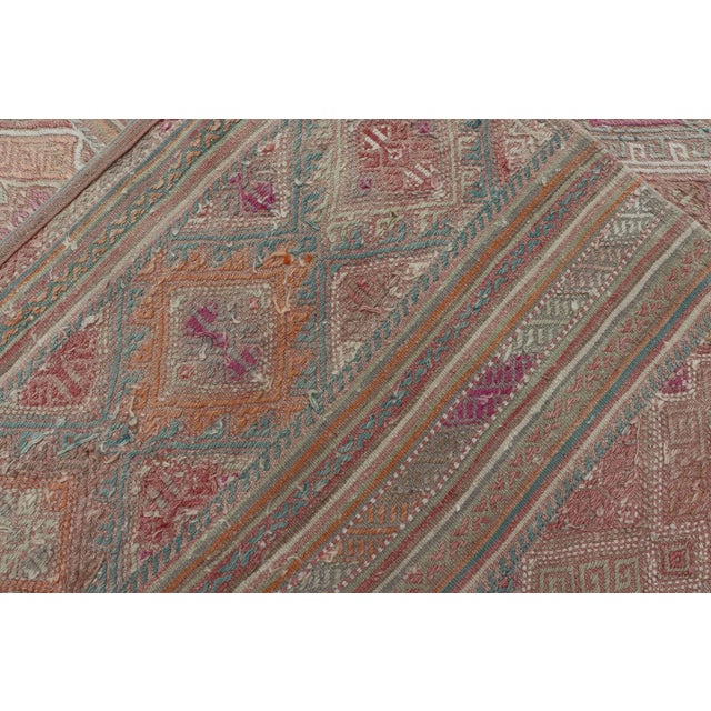Colorful Vintage Embroidered Kilim With Stripes and Alternating Geometric Motifs 6'9 X 9'3 For Sale - Image 12 of 13