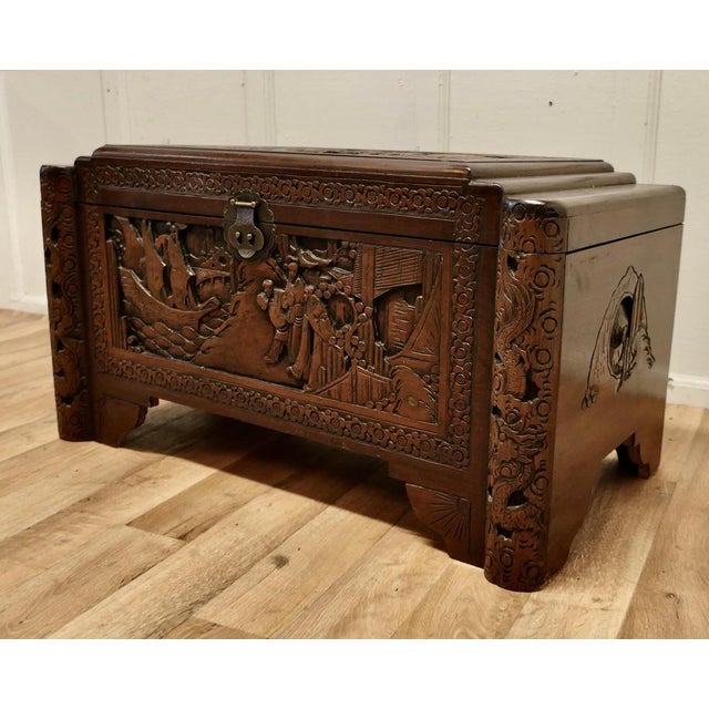 Wood Art Deco Oriental Carved Camphor Wood Chest, 1920 For Sale - Image 7 of 8