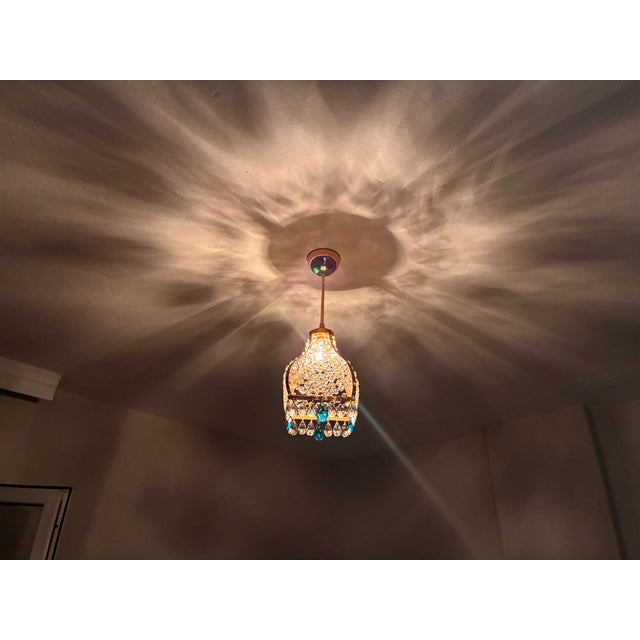 Vintage French Empire Brass & Crystal Pendant Light With Aqua Blue Drops - Pair Restored For Sale - Image 17 of 18