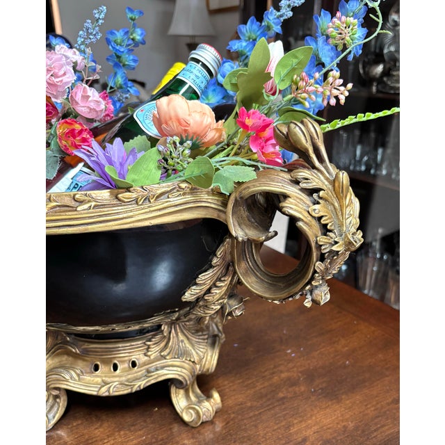 Vintage French Style Jardeniere Black Porcelain and Bronze 23”x 9” For Sale In Baltimore - Image 6 of 12