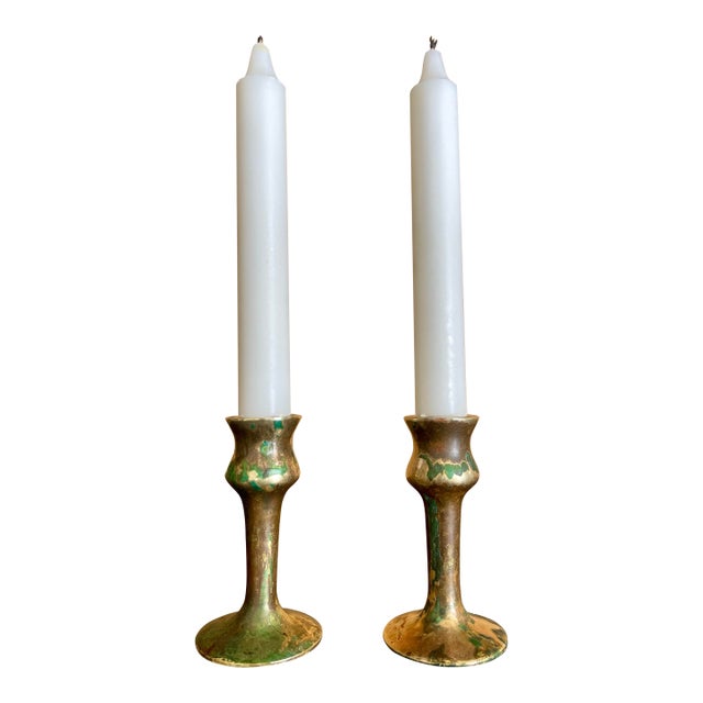 Antique Brass Hand-Spun Candlesticks With Natural Verdigris, Early 20th Century For Sale