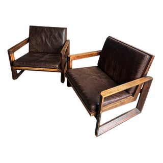 Vintage Lounge Chairs with Leather Cushions, 1970s, Set of 2 For Sale