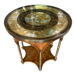 Vintage Art Deco Burl Wood & Églomisé Glass Accent Table With Brass Details For Sale