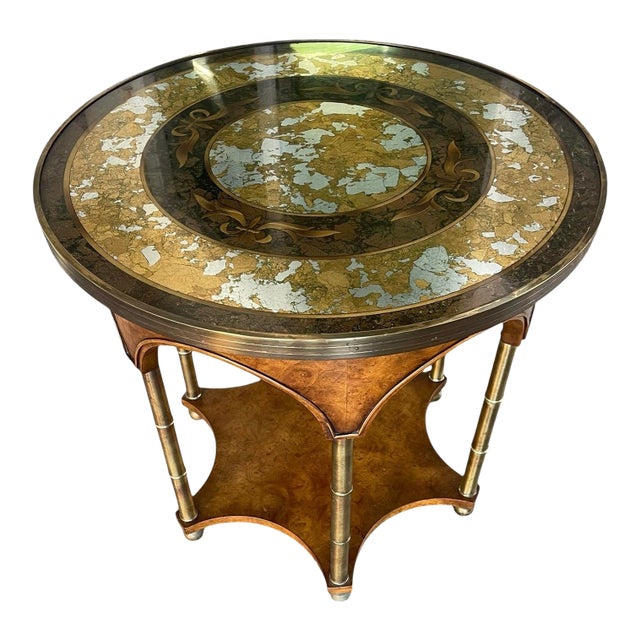 Vintage Art Deco Burl Wood & Églomisé Glass Accent Table With Brass Details For Sale