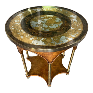 Vintage Art Deco Burl Wood & Églomisé Glass Accent Table With Brass Details