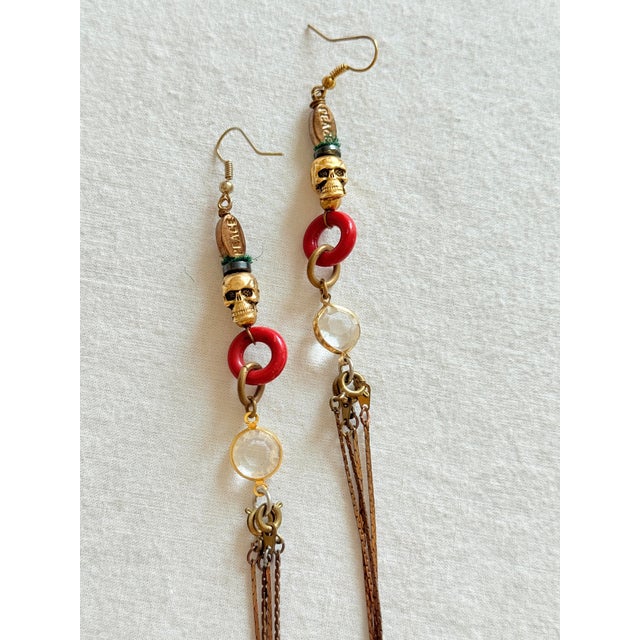 Vintage 1990s Gothic Tribal Brass Skull Shoulder Duster Earrings, Pair For Sale In New York - Image 6 of 14
