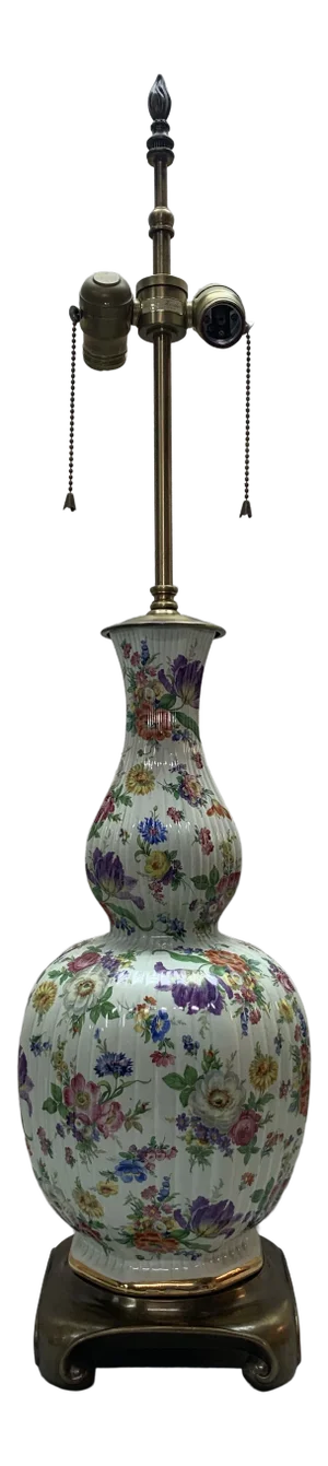 Vintage 1940s Warren Kessler Floral Design Lamp in Brass and Porcelain
