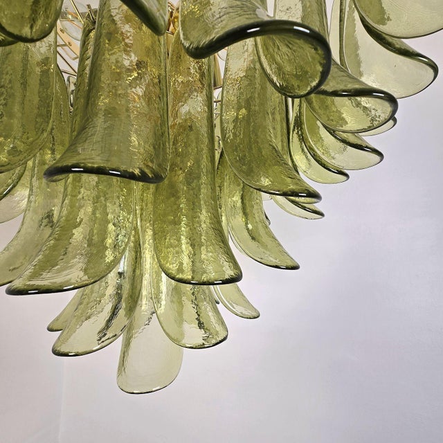 1980s Attributed to Mazzega Murano Glass Olive Green Petal Chandelier For Sale - Image 11 of 14