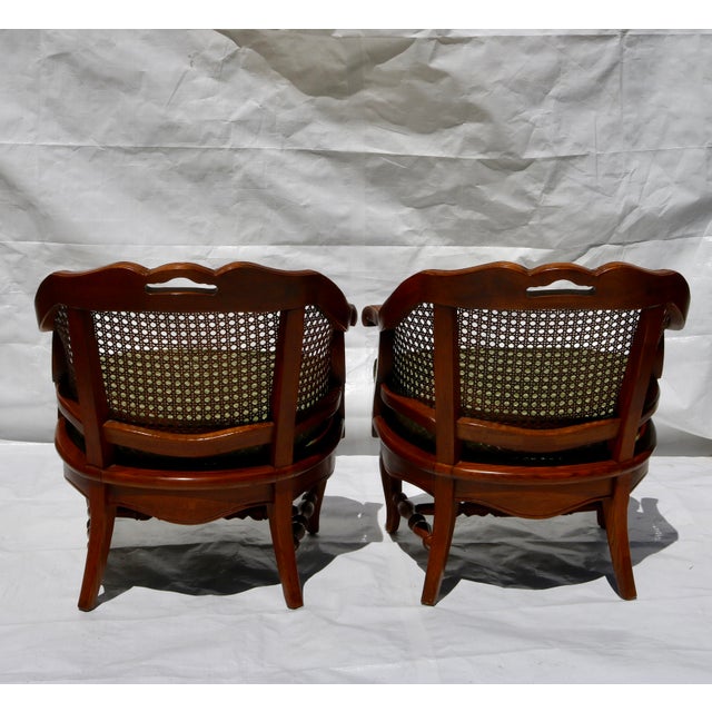 Light Green Mid 20th Century Carved French Country Cane Barrel Armchairs With Green Cushions-Set of 4 For Sale - Image 8 of 16