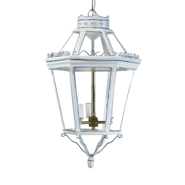 A Vintage-Style Venetian Chandelier in White and Blue Tones, Featuring Three Lamps. For Sale - Image 12 of 12