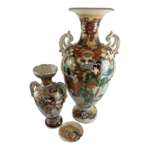 Late 1800s Japan Meiji Period Satsuma Moriage Vases Faces Gilt Foo Dog Handles & Shuzan Plate - 3 Piece Set