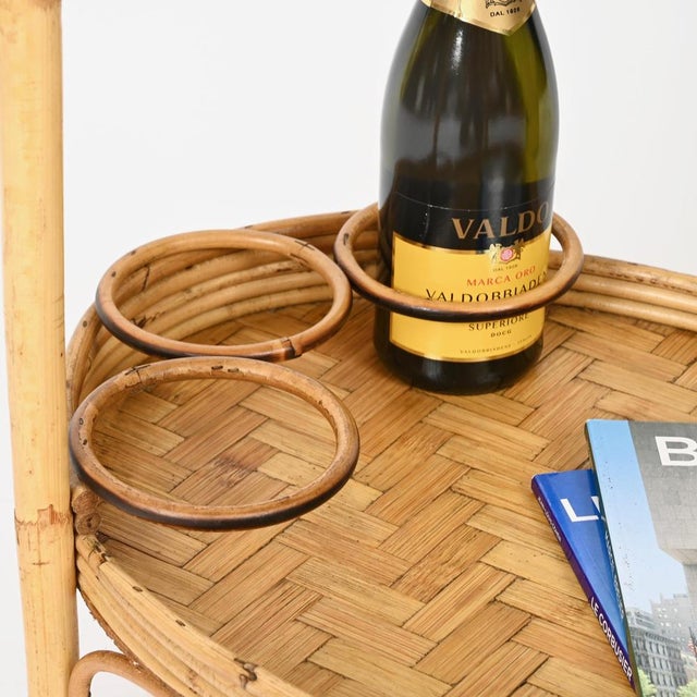 Wood Mid-Century Italian Oval Serving Bar Cart Trolley in Bamboo and Rattan, 1960s For Sale - Image 7 of 13