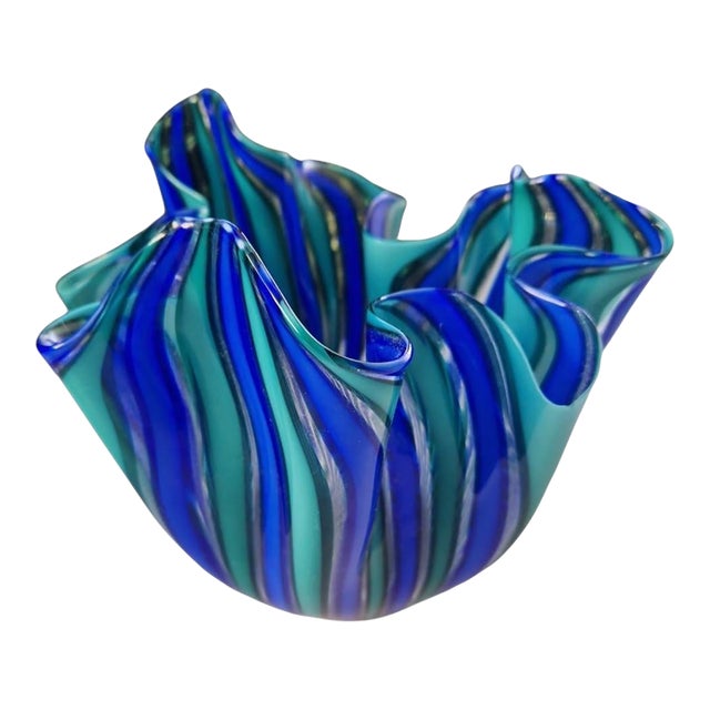 Murano Art Glass Bowl – Iconic Fazzoletto Form in Cobalt & Turquoise Stripes, Fulvio Bianconi For Sale