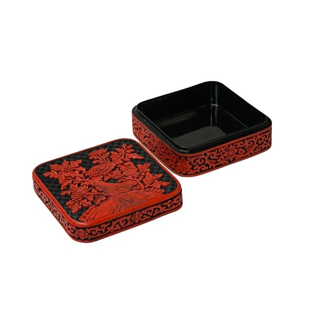 Plastic Handcrafted Vintage Chinese Red Lacquer Square Floral Accent Box For Sale - Image 7 of 9