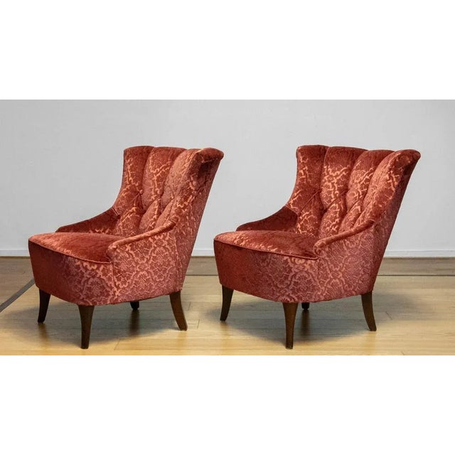 Set of 20th Century Napoleon III Armchairs in Velvet Jacquard Tone-on-Tone Brick For Sale - Image 9 of 12