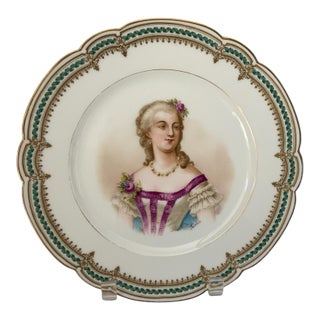 19th C Sèvres Marked Plate Madame Du Barry Signed Debrie Green-Gold Ribbon Made in France c.1890-1910 For Sale