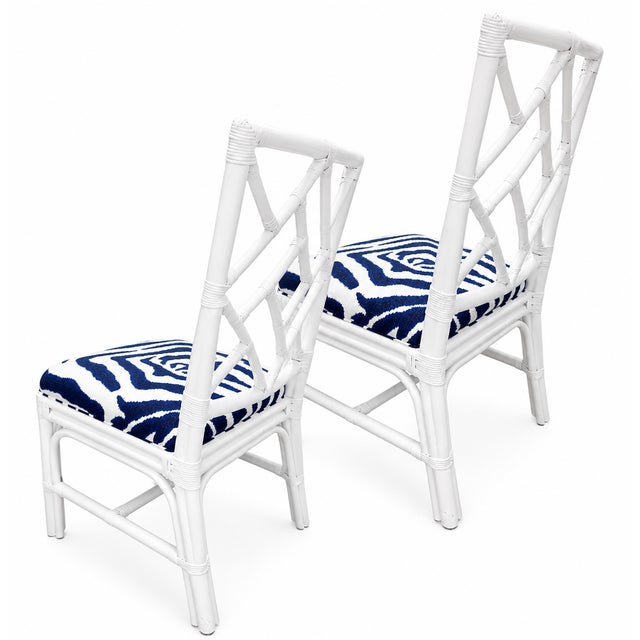Pair of Vintage Chippendale Bamboo Side Chairs With Navy & White Zebra Seats For Sale - Image 4 of 7