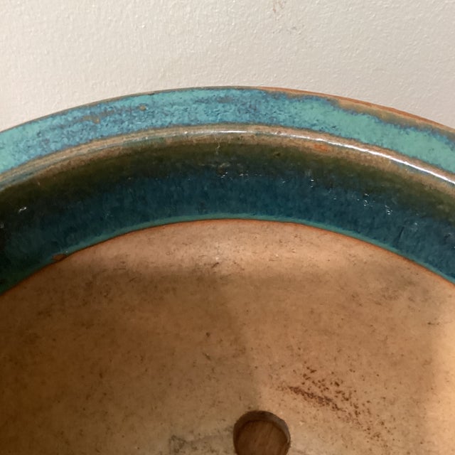 Vintage Large and Heavy Copper Green With Drip Glaze Ceramic Low Bowl Planter For Sale In Chicago - Image 6 of 12