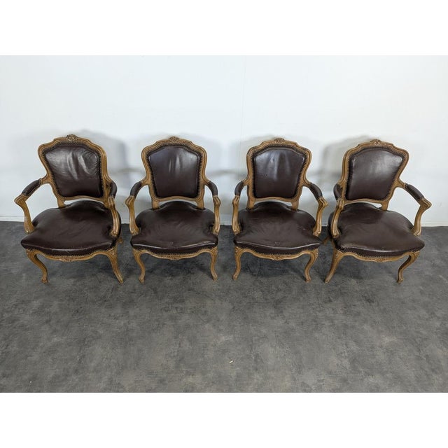 Louis XV Leather Armchairs, Set of 4 For Sale - Image 3 of 7