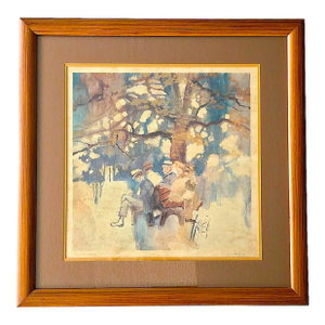 Mid 20th Century Impressionist Print in Teak Wood Frame, "Cronies", by Diane Tygier