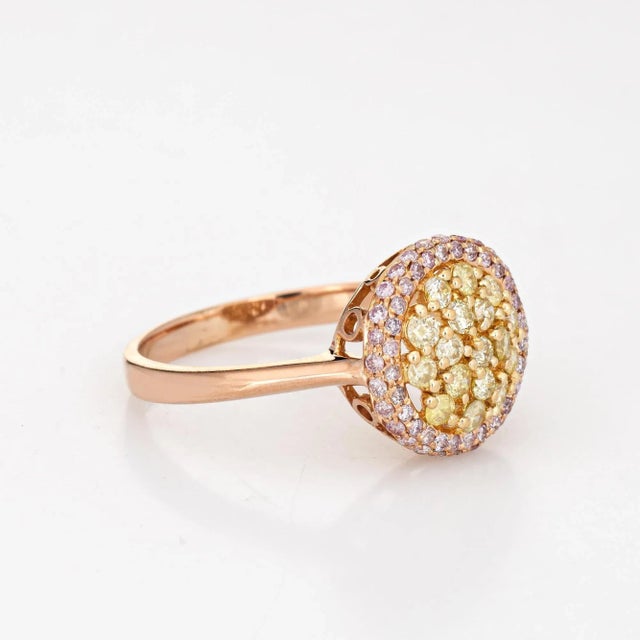 Modern Pink Yellow Diamond Halo Ring Estate 18 Karat Rose Gold Fine Coloured Gemstones size 8.25 For Sale - Image 3 of 7