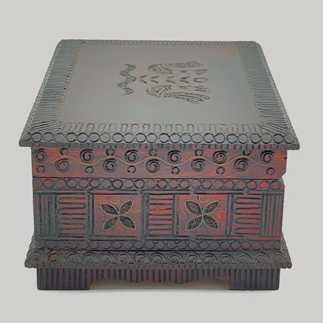 Brown Vintage Polish Folk Art Carved Wood Box For Sale - Image 8 of 12