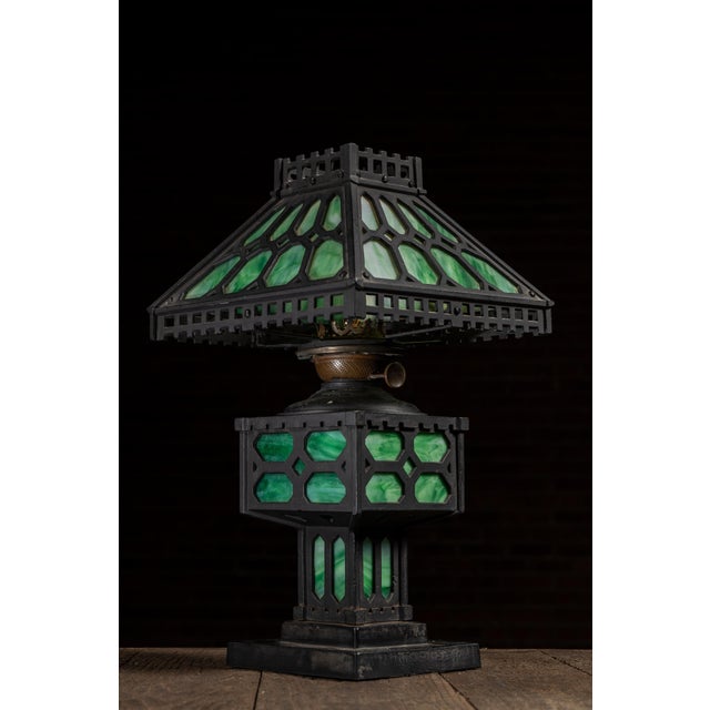 Arts & Crafts Early 20th Century Arts and Crafts Green Slag Glass and Cast Iron Table Lamp For Sale - Image 3 of 9