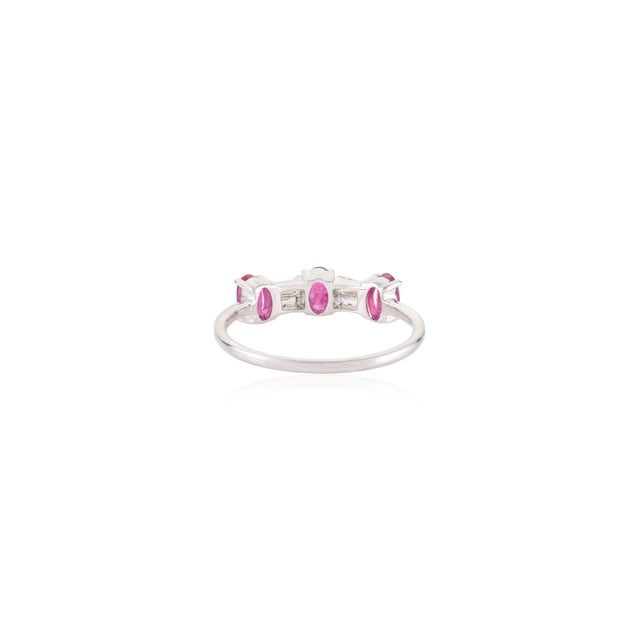Metal 14k White Gold Statement Oval Ruby and Baguette Diamond Three Stone Ring Size 9 For Sale - Image 7 of 14