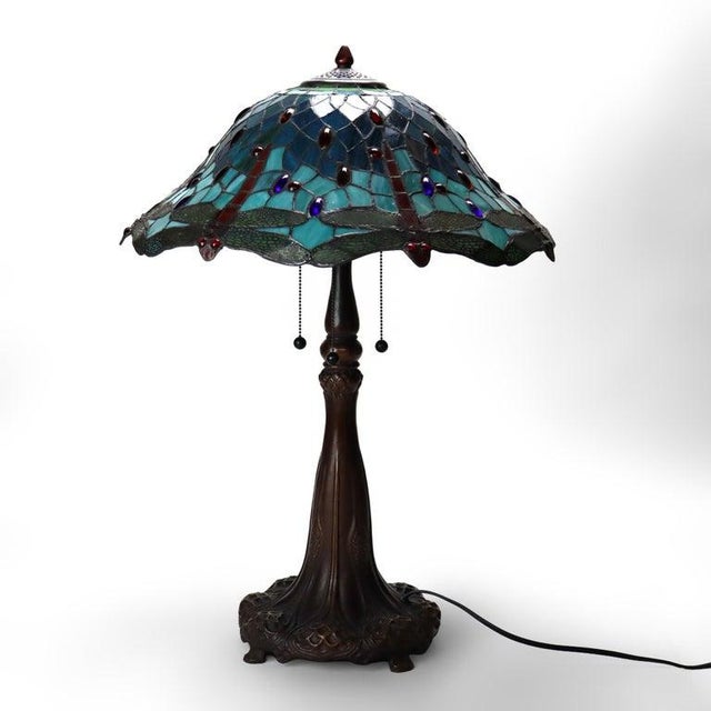 Late 20th Century Tiffany Style Stained Leaded Glass Table Lamp With Jewels For Sale - Image 11 of 12