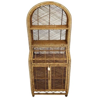 Vintage Woven Wicker Secretary Desk & Bookcase For Sale