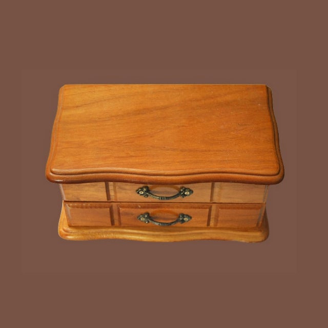 Tan Vintage Wood Jewelry Box With Drawers and Mirror For Sale - Image 8 of 10