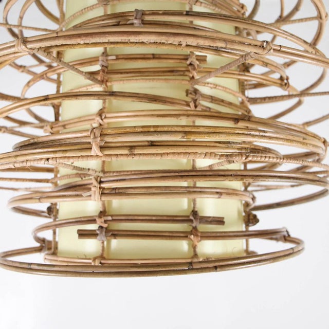 Wood Vintage Rattan and Fabric Pendant Light For Sale - Image 7 of 11