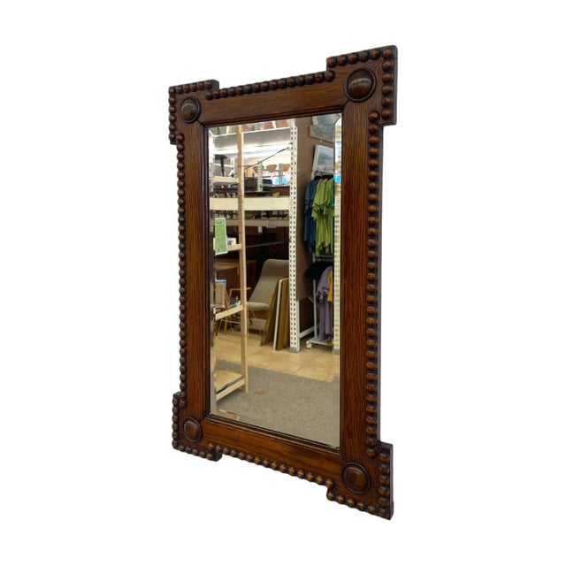 Transitional Antique Bobbin Turned Oak Wall Mirror – Arts and Crafts Style Spool Beaded Wood Frame With Beveled Glass For Sale - Image 3 of 10