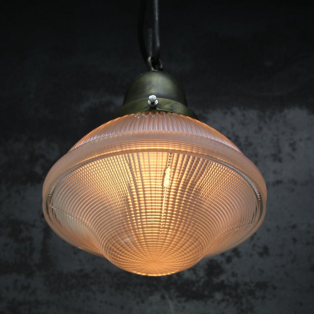 Vintage Industrial Glass Brass Pendant Light from Holophane, Usa For Sale - Image 6 of 8