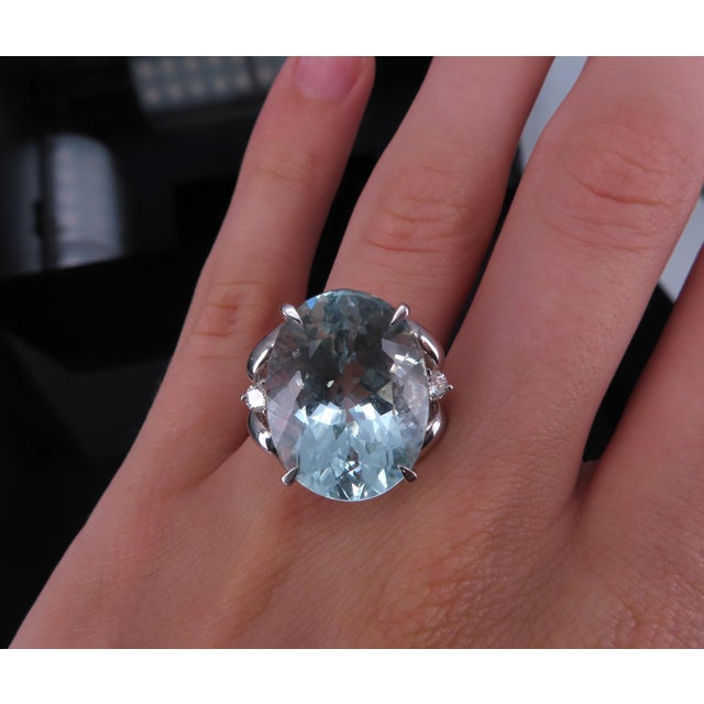 Title: Vintage 16.36ct Natural Aquamarine 0.20ct Diamond Platinum Ring, Size 8 Age/Markings: Vintage, weights marked...
