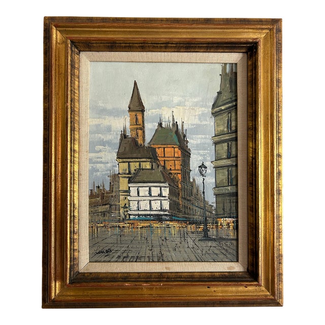 Vintage 1960’s Modernist Brutalist Paris Cityscape Oil Painting in Gold Frame Signed Linca For Sale