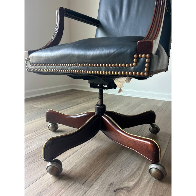 Traditional Hickory Chair Blue Leather Swivel Desk Chair With Nailhead Trim For Sale - Image 3 of 6