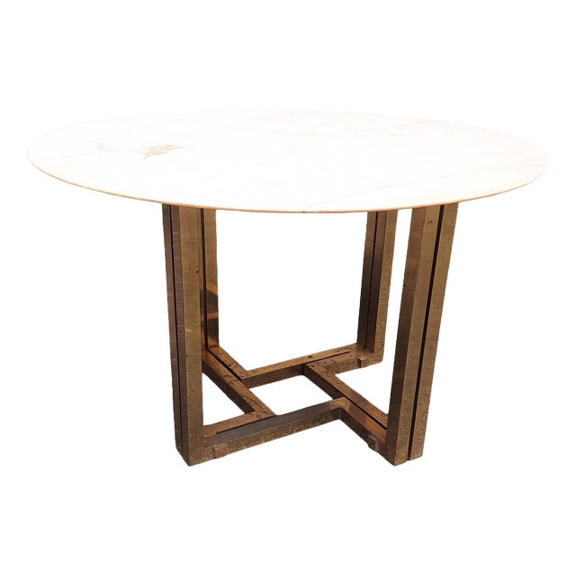 Dining Table with Brass Base and Round White Marble Top, 1960s For Sale