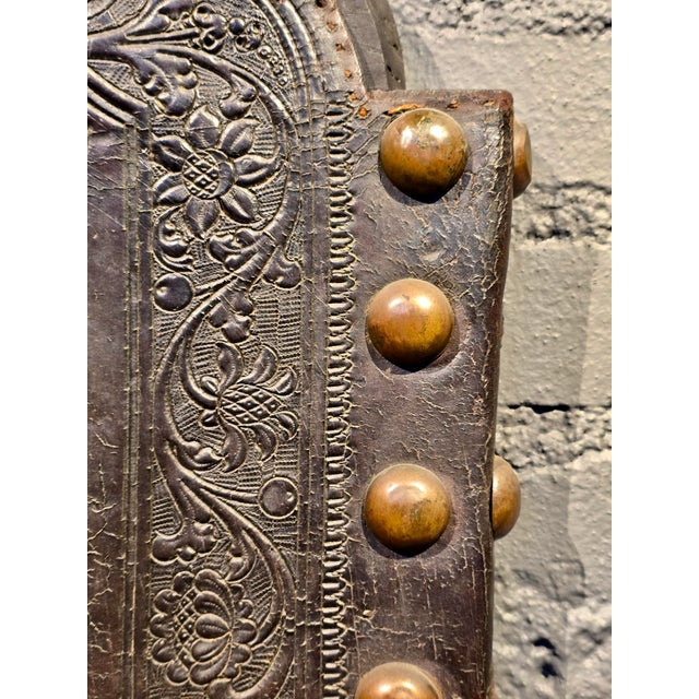 18th Century Portuguese Embossed Leather Panels W/Heraldic Crest & Brass Studs- A Pair For Sale In Los Angeles - Image 6 of 12