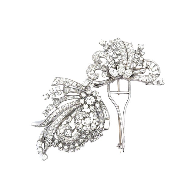 Mid-Century Diamond 18k White Gold Floral Spray Double-Clip Brooch For Sale - Image 4 of 7