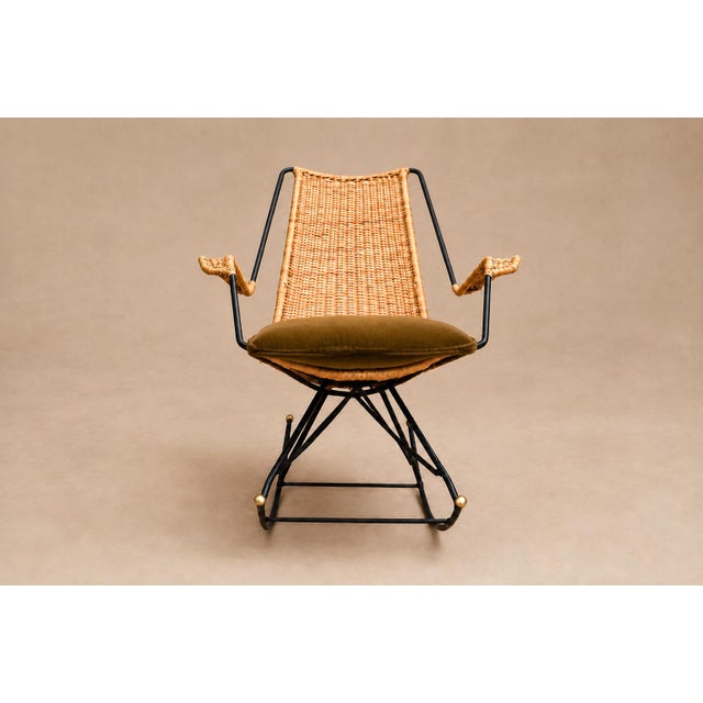 Beige Brazilian Modern Rocking Chair in Metal, Wicker & Green Mohair by Carlo Hauner, 1950s For Sale - Image 8 of 18