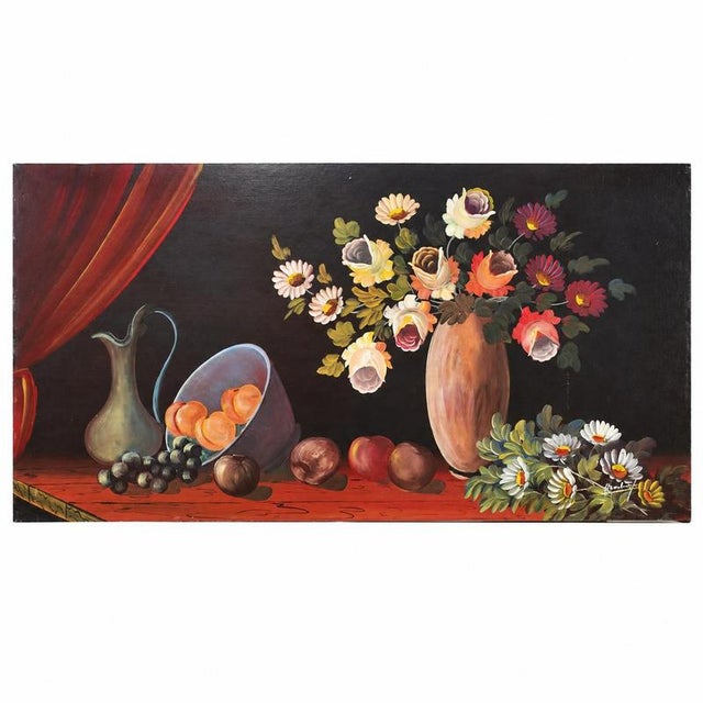 Wood Portuguese School Artist, Still Life with Flowers, Fruits and Utensils, Oil on Latex For Sale - Image 7 of 7
