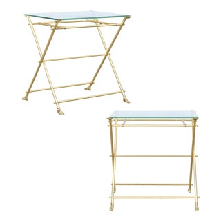 Vintage Pair of Italian Brass and Glass Folding Side Table with Sandaled Feet For Sale