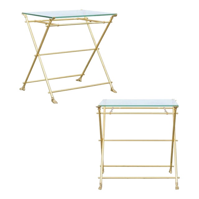 Vintage Pair of Italian Brass and Glass Folding Side Table with Sandaled Feet For Sale