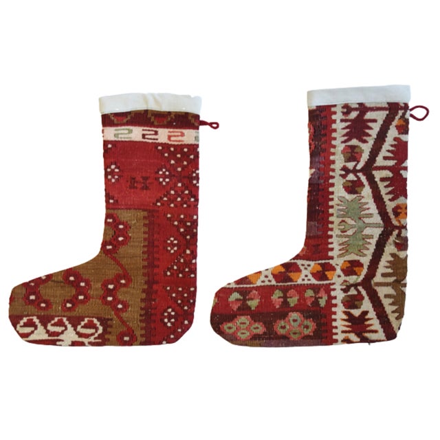 Christmas Holiday Stockings Created From a Kilim Turkish Rug - Set of 2 For Sale - Image 4 of 6