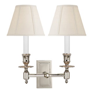 Visual Comfort Signature French Double Library Sconce in Polished Nickel with Linen Shades For Sale