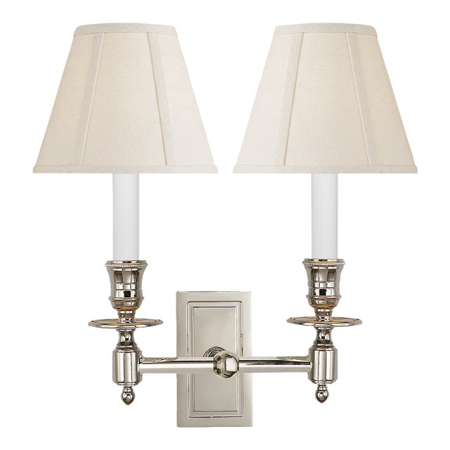 Visual Comfort Signature French Double Library Sconce in Polished Nickel with Linen Shades For Sale