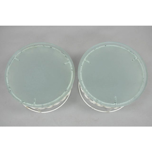 Vintage Arthur Umanoff Wrought Iron Scroll Low Round Glass Top Side Table - Pair For Sale - Image 4 of 12