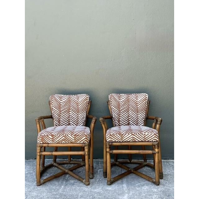 Mid-Century Modern Vintage McGuire Rattan Lounge Chairs in Quadrille Alan Campbell “Zig Zag” - A Pair For Sale - Image 3 of 12